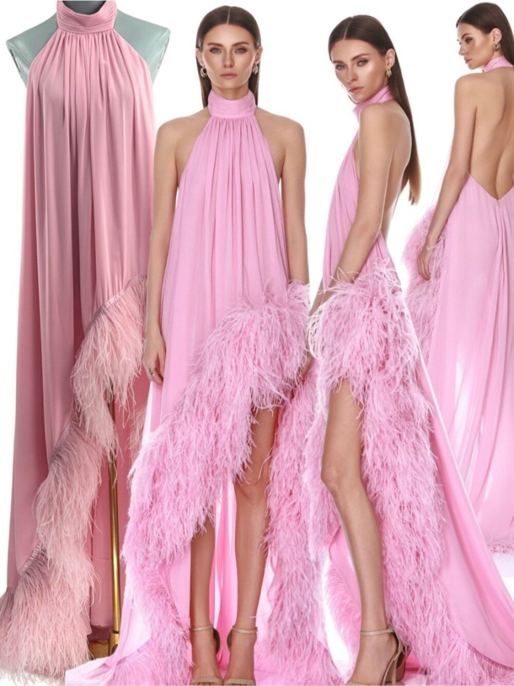 🆕 BRONX & BANCO 🧿 NWOT Madeline Halterneck Feathered Gown, Pink - Sz S US 4